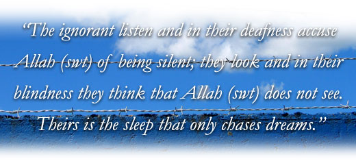 The ignorant listen and in their deafness accuse Allah (swt) of being silent; they look and in their blindness they think that Allah (swt) does not see.  Theirs is the sleep that only chases dreams.